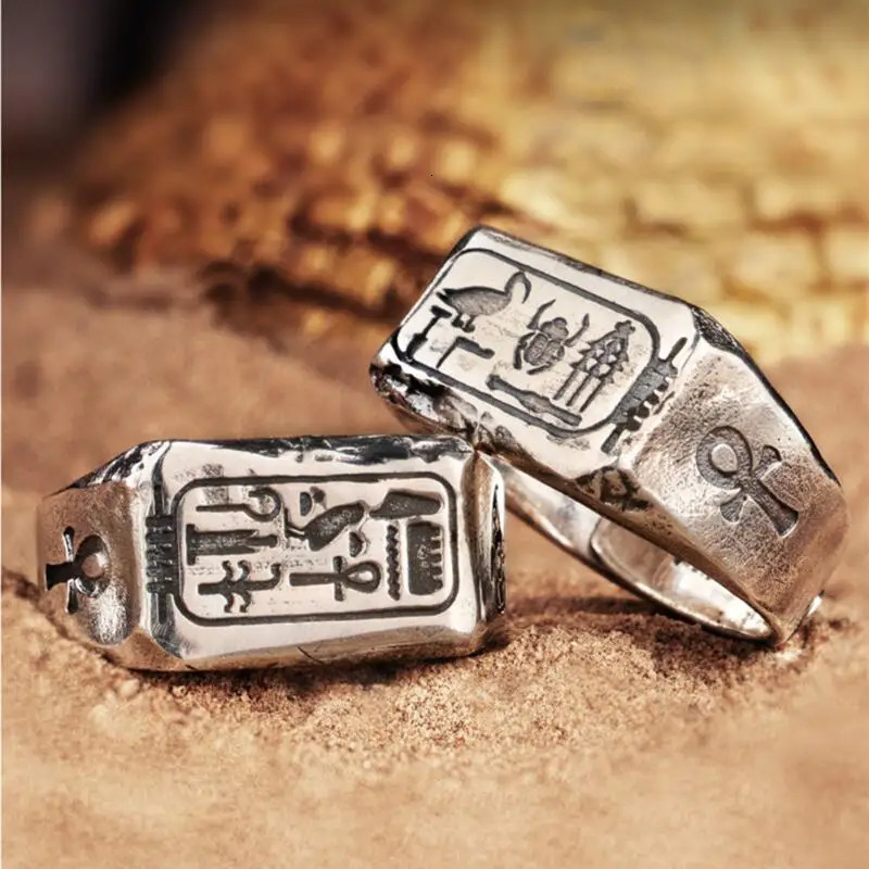 Vintage Egyptian Life Cross Ring For Men Fashion Punk Silver Color Arubis Horus Eye Totem Open Ring Jewelry Couple Accessories 250103
