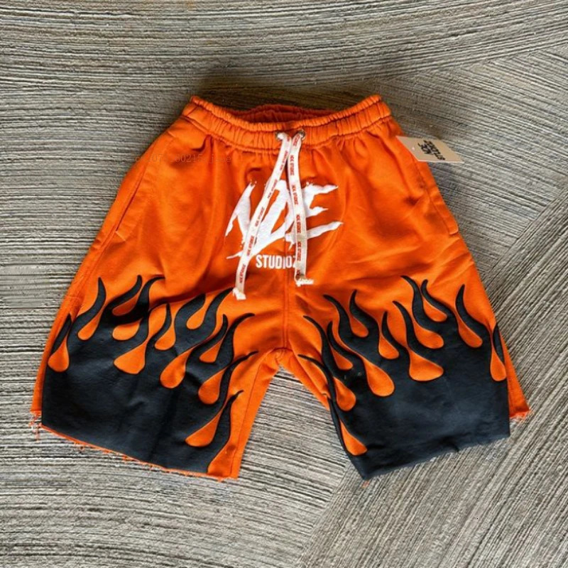 Ins Net Red Shorts Men Women Foam Flame Print American Retro Street Style Five Pants Y2k Cotton Solid Color Loose Couple Pants 250103