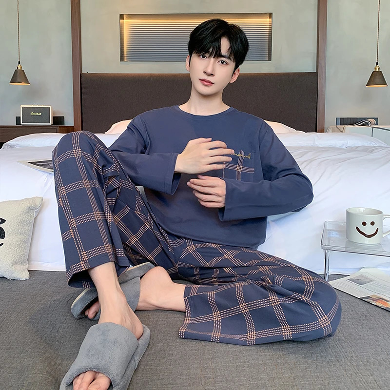 L6XL Striped Print Oneck Plus Size Mens Pajamas Fashion Mature Men Combed Cotton Nightwear Autumnwinter Lounges Y2k 250103
