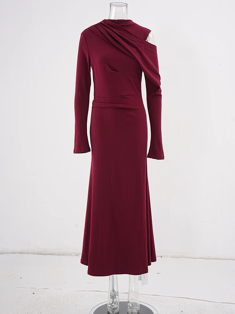 DEAT Elegant Dress Folded Shoulders Solid High Waist A-line Womens Evening Dress 2025 Spring Trendy 35Z1357 250103