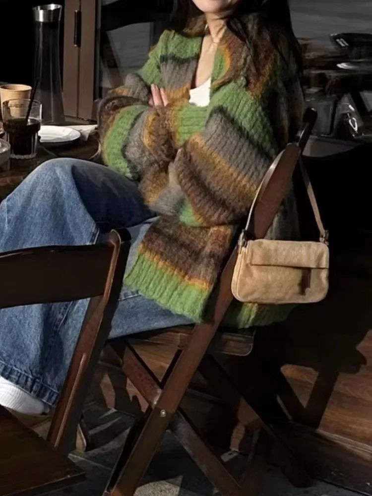 Fashion Grunge Striped Women Knitwear 2024 Streetwear All Match Loose Y2k Aesthetic Sweaters Casual Vintage Cardigans Autumn 241224