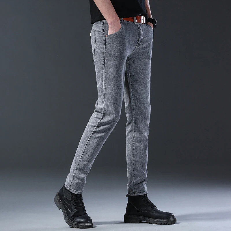 style jeans mens slim fit Korean style comfortable straight leg elastic gray mid waist pants mens casual denim pants 241230