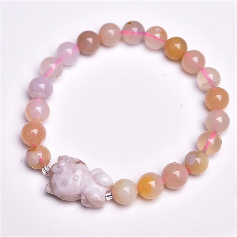 8MM Natural Flower Agate Cartoon Cat Carving Bracelet For Woman Man Fengshui Healing Wealth Crystal Birthday Lucky Gift 250102