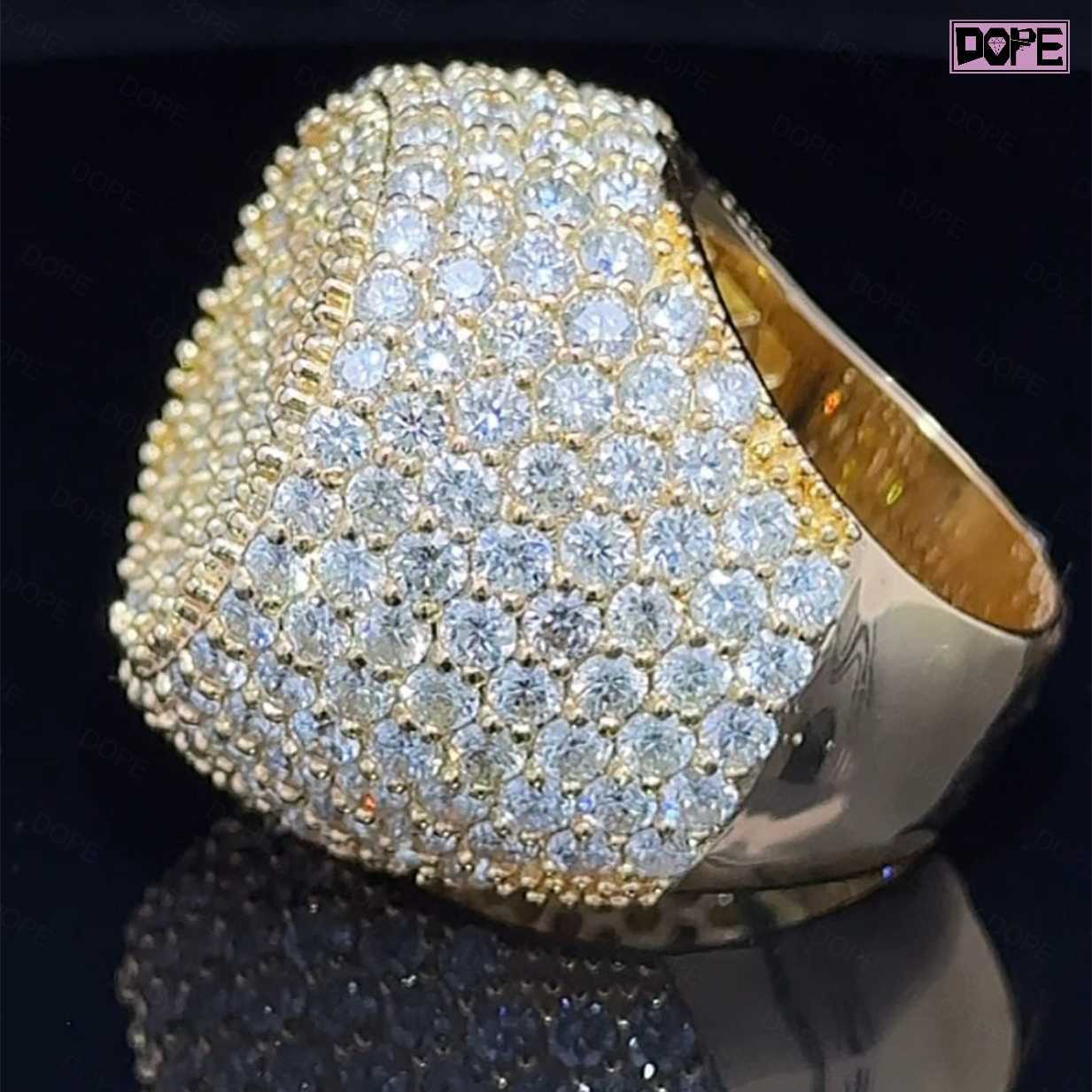 Hiphop Men Ring Iced Out 925 Sterling Silver Yellow Gold Plated Thick Sparkling Round VVS Moissanite Ring