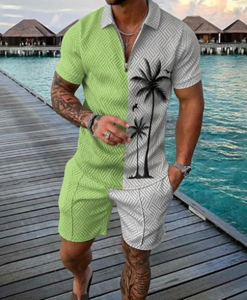 Fashion Summer Mens Tracksuit Short Sleeve Polo Shirt Set Coconut Tree 3D Print Clothing 2 Pieces Casual Suit Streetwear Outfit 250102