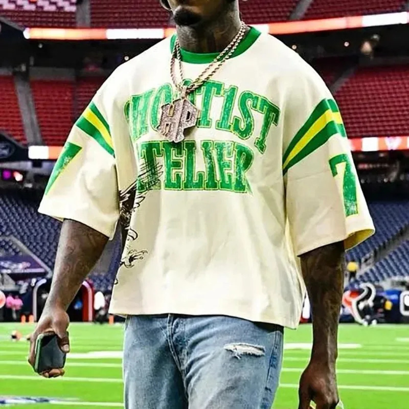 High Street Hip hop retro Y2k round neck pure cotton summer letter printed mens casual top from the United States 250103