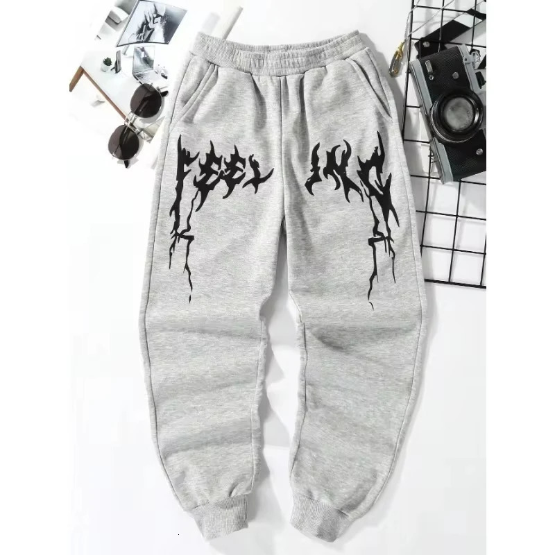Mens pure cotton pants gym Y2k retro printed elements loose pattern casual jogging legs loose Versatile Drawstring 250103