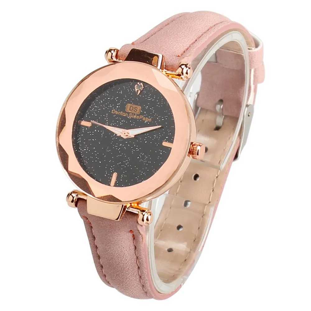 Womens wristband fashionable leather strap simulated quartz circular wristband trend leather wristband blue glass strap W250104