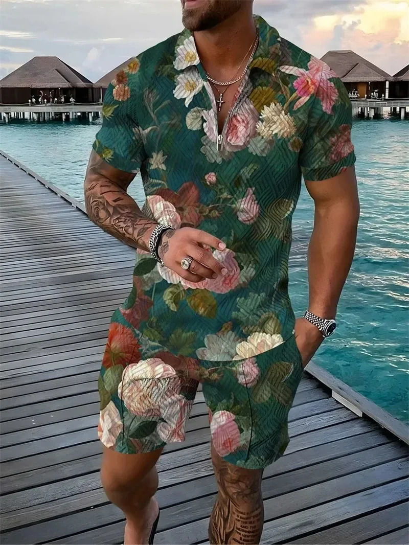 Men Tracksuit 2 pcs sets Floral Print 3D Zipper Lapel Polo Short Sleeve T Shirt and Shorts Casual Zip-Up Polo Shirt Man er 250102