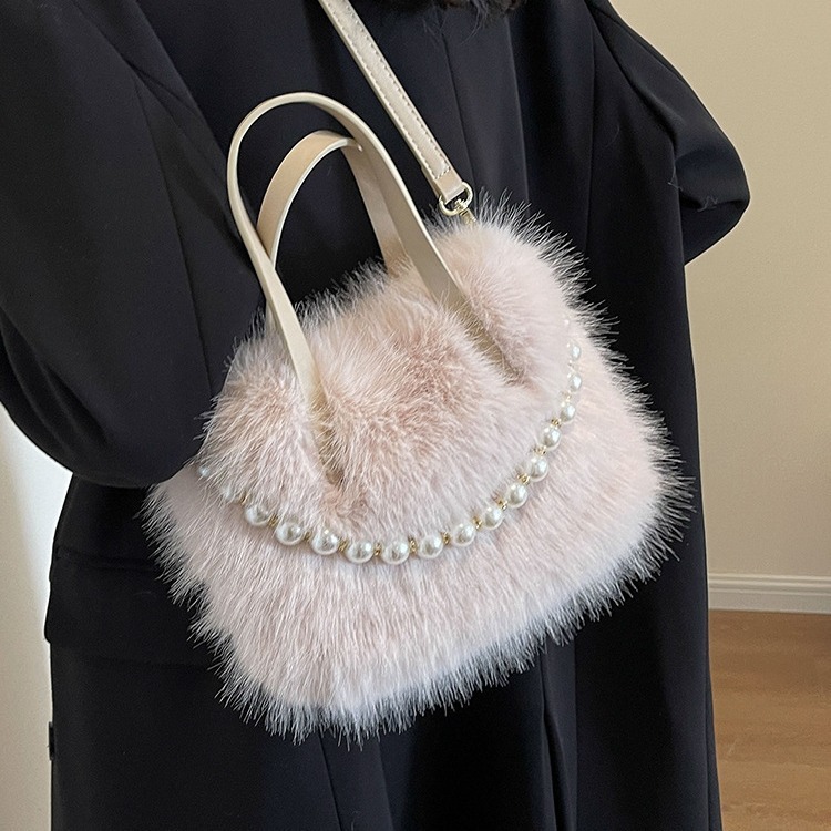 Handbag 2024 New Fashionable Pearl Hairy Small Square Winter Texture Women's Crossbody Bag
