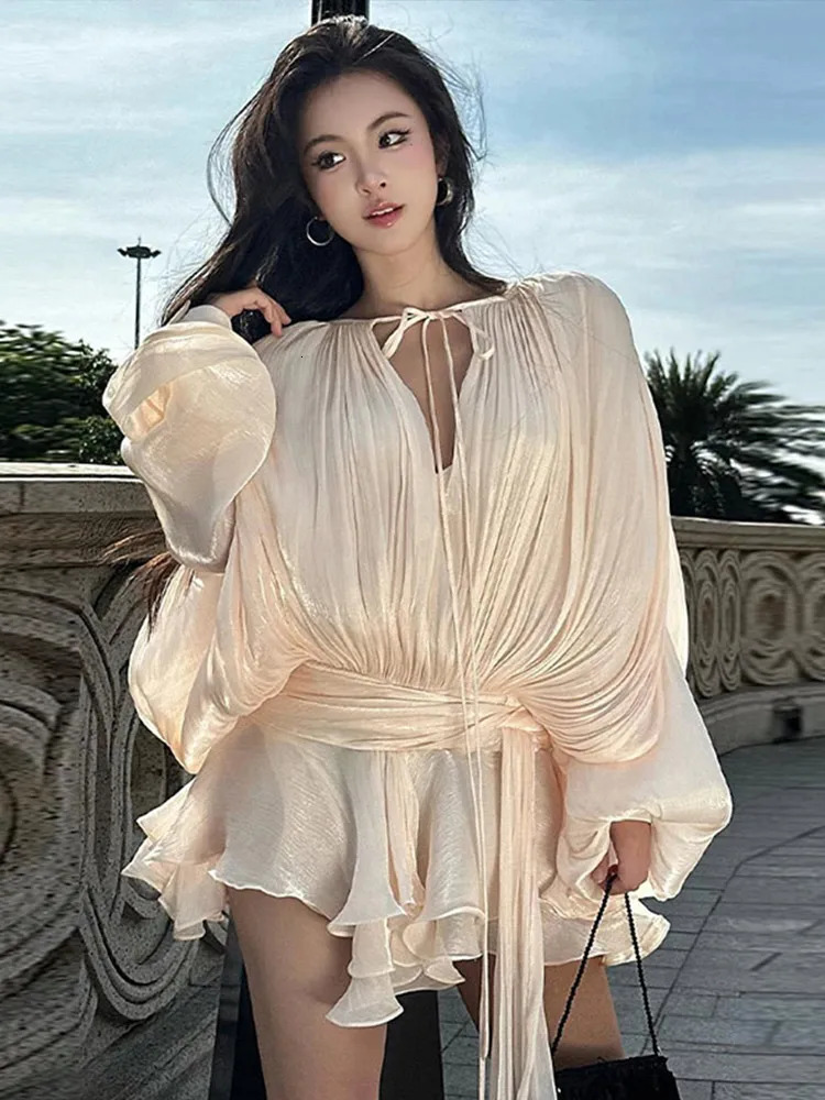 Elegant Ruffle Mini Dress for Women 2025 Early Spring Fashion O-neck Lantern Sleeve Hollow Lace Womens Dress with s 250103