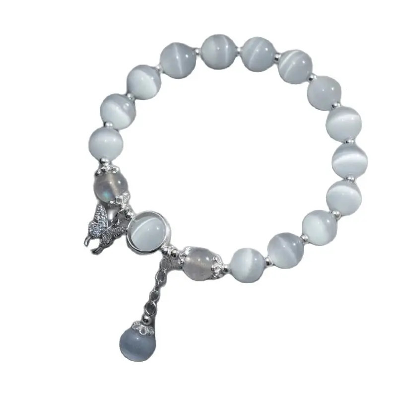 1 piece/batch S925 silver zircon butterfly with 8mm cat eye stone womens bracelet 14-23cm elastic rope beautiful opal jewelry wristband 250102