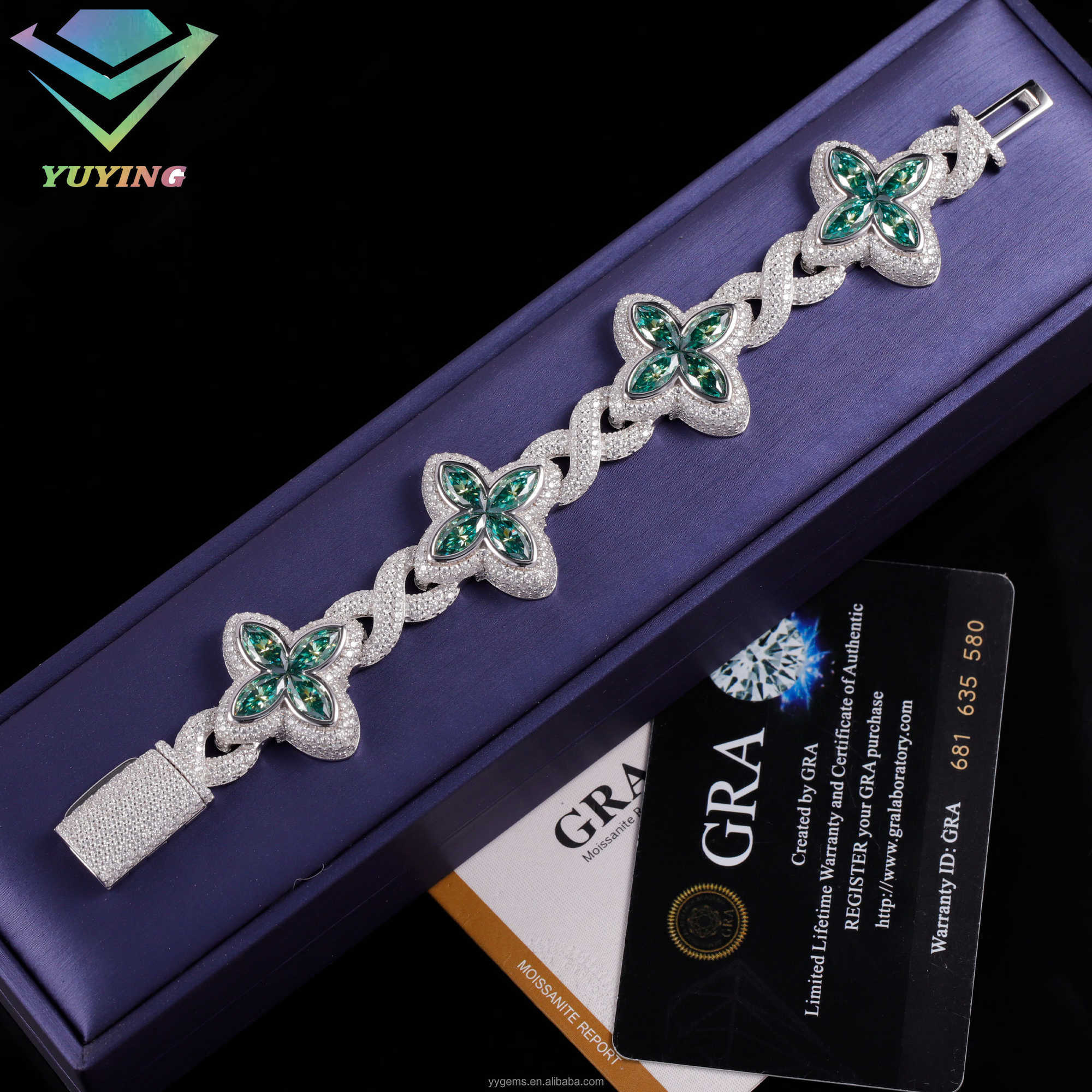 Yy new arrived iced out clovers moissanite bracelets cuban chain 925 sterling silver fine jewelry bracelets for men women