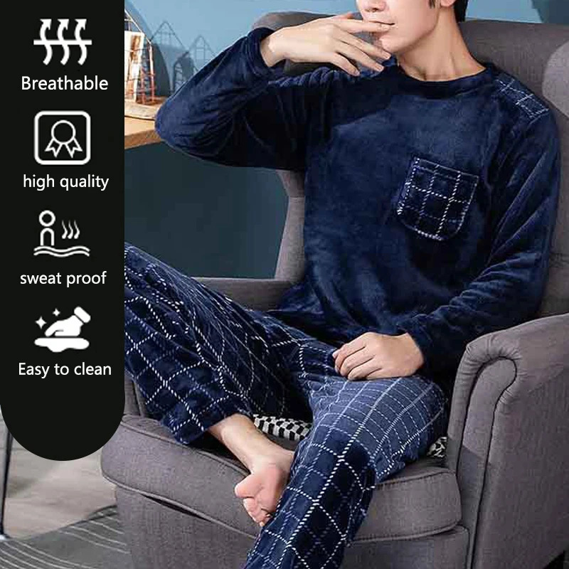 2pcsSet Fall And Winter Facecloth Mens Pajamas Padded Thickened Warm LongSleeved Teenagers Coral Fleece Homewear boy clothes 250103