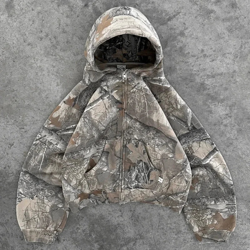 Y2k Camouflage Zipper Hoodie Men Clothing Oversized Zipper Sweatshirt American High Street Hip Hop Streetwear Unisex Camo Hoodie 250103