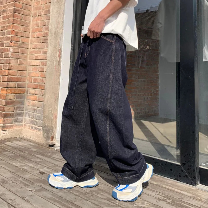 Men Belt Streetwear Fashion Loose Casual Wide Leg Cargo Denim Jeans Pant City Plus Size Baggy Jeans Trousers 241230