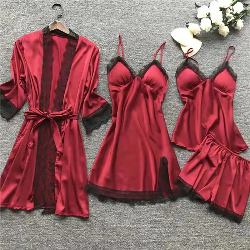 4PCS Sleepwear Pajamas Set Silk Women Nightdress Lace Dress Robe Sleep Nightwear Solid Color Pijama Sets 250103