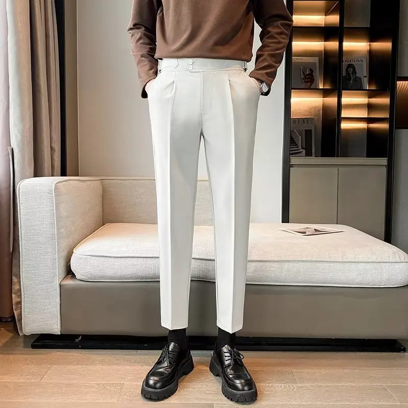 British Style Solid High Waist Draped Trousers Korea Men Formal Blazer Pants Slim Business Casual Suit Pants Hommes 250103