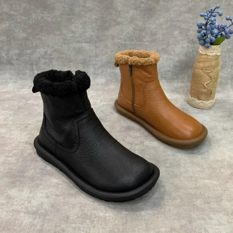 Fur Flats Women Snow Ankle Boots Leather Short Plush Cotton Shoes 2025 Trend er Warm Cozy Casual Winter Botas De Mujer 250103
