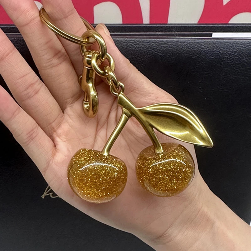 Sparkling Gold Cherry Pendant For Handbag Shoulder Bags Womens Purse Keychain Charm Festive Christmas Accessory250103