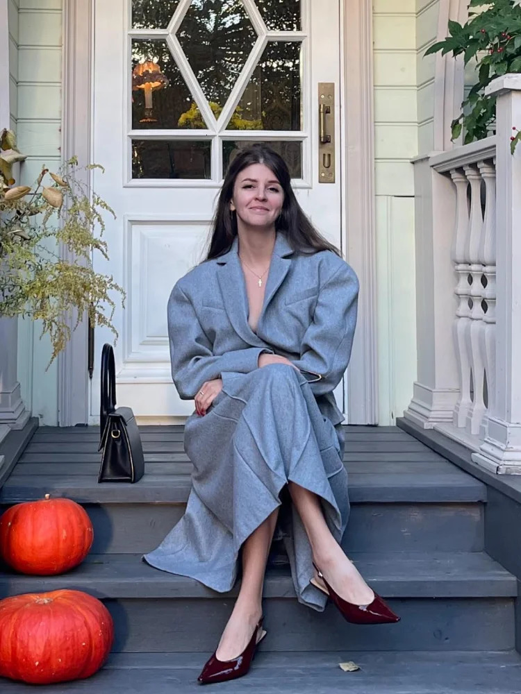 Elegant Women Grey Woolen Blazer Coat Skirt Suits Fashion Lapel Full Sleeves Coats Long Pleated Skirt Set Autumn Lady Outfits 241224