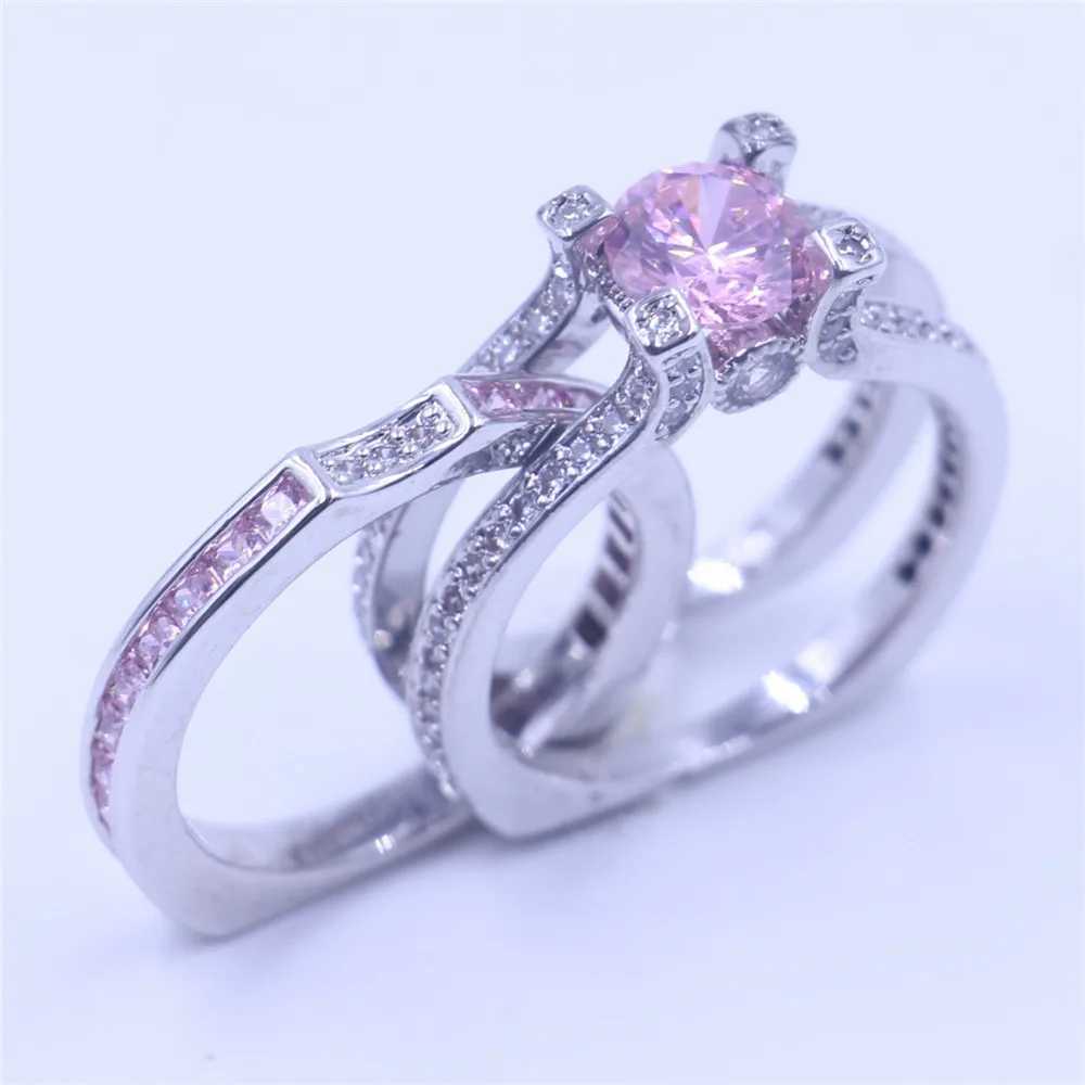 Luxury Pink High Caon Diamond Ring Set 925 Sterling Silver Wedding Band Rings for Women Men Promise Party Jewelry GiftXJ250104