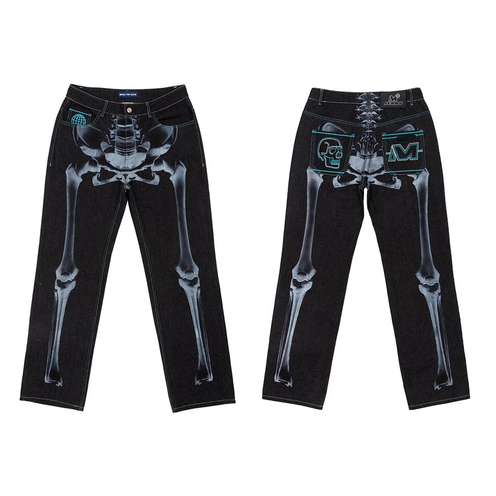 Streetwear Jeans Y2K Harajuku Hip Hop Skeleton Graphic Baggy Jeans Black Pants Mens Gothic Punk Rock Wide Leg Trousers 241230