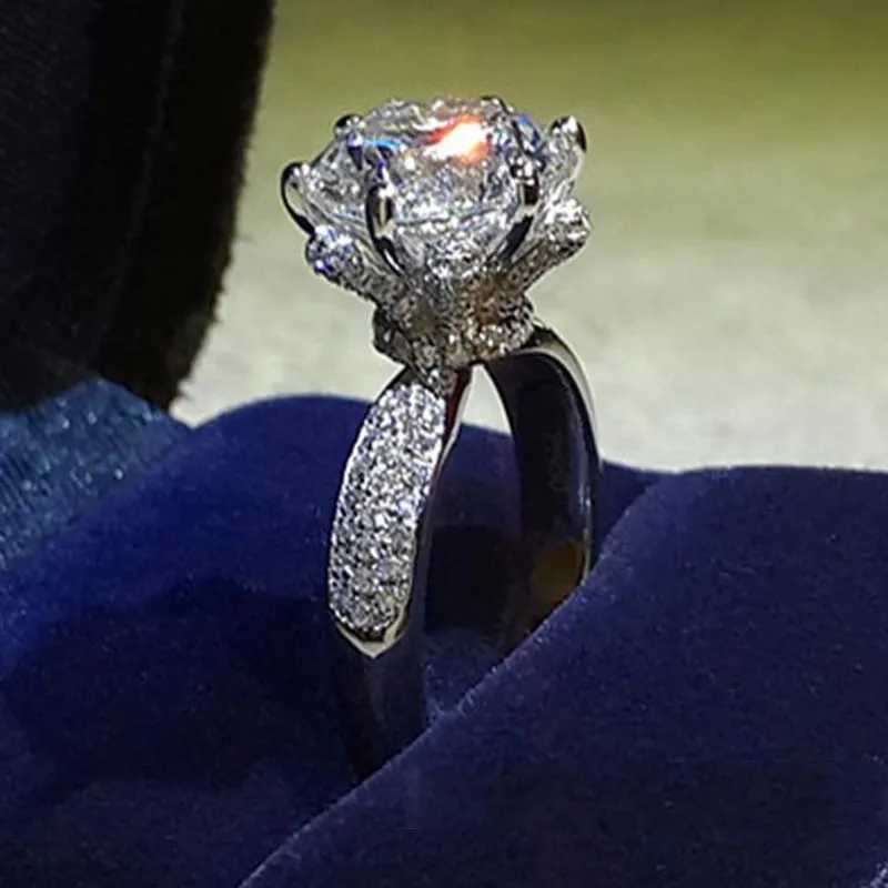 Female Flower ring 925 sterling silver Round 3ct AAAAA Zircon cz Engagement Wedding Band Rings for women Bridal Party JewelryXJ250104