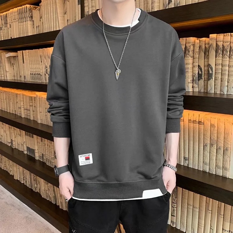 Autumn and winter hoodie mens Korean version loose round neck fake two-piece velvet long sleeved trendy versatile top trendy and fashionable for men