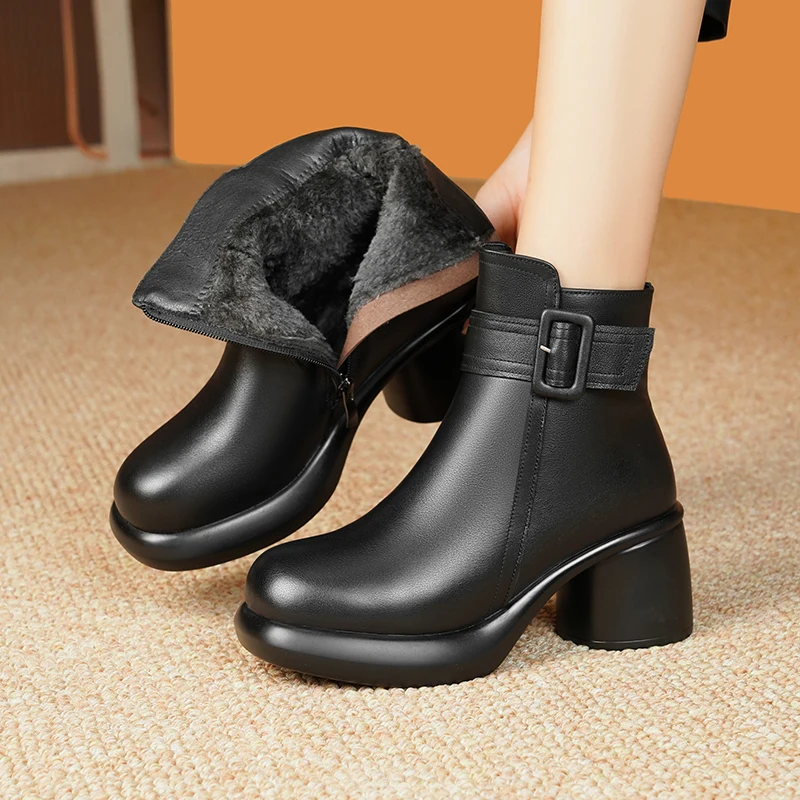 AIYUQI Snow Boots Women Genuine Leather Women Ankle Boots High Heel Fashion Non-slip Natural Wool Women Winter Boots