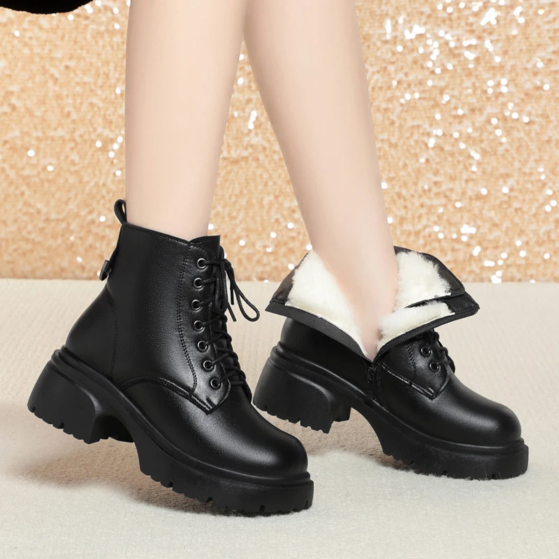 AIYUQI Snow Boots Women Genuine Leather Natural Wool Women Winter Boots British Wind Platform Women Ankle Boot
