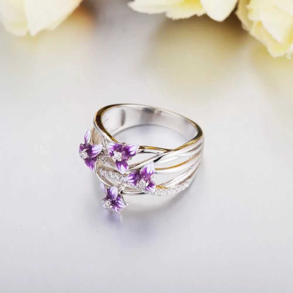 Authentic 925 Sterling Silver Stackable Violet Drop Glue Ring Daisies Flower Zircon Finger Ring for Women Jewelry Gift BijouxXJ250514