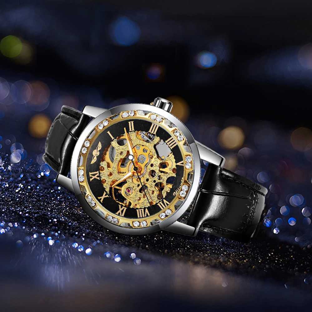 Fashion Top Brand Womens Luxury Mechanical Winner Diamond Skeleton Dial Leather Str Unisex Size Watch W250104