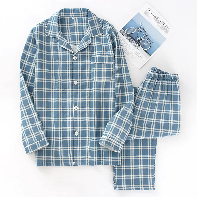 Spring and autumn mens pajamas longsleeved trousers cotton double gauze lattice large size suit home service 250103