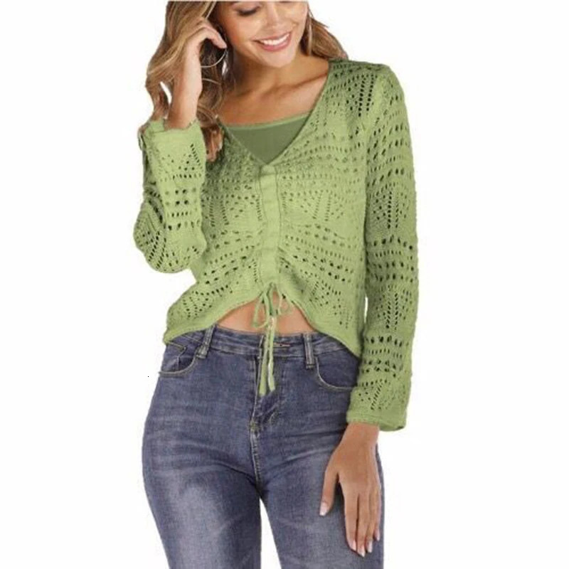 Crochet Knit Top Drawstring Hollow Shirt Long Sleeved Vneck Crop Summer Solid sweet Y2K Pullover Elegant Women Clothing 241227
