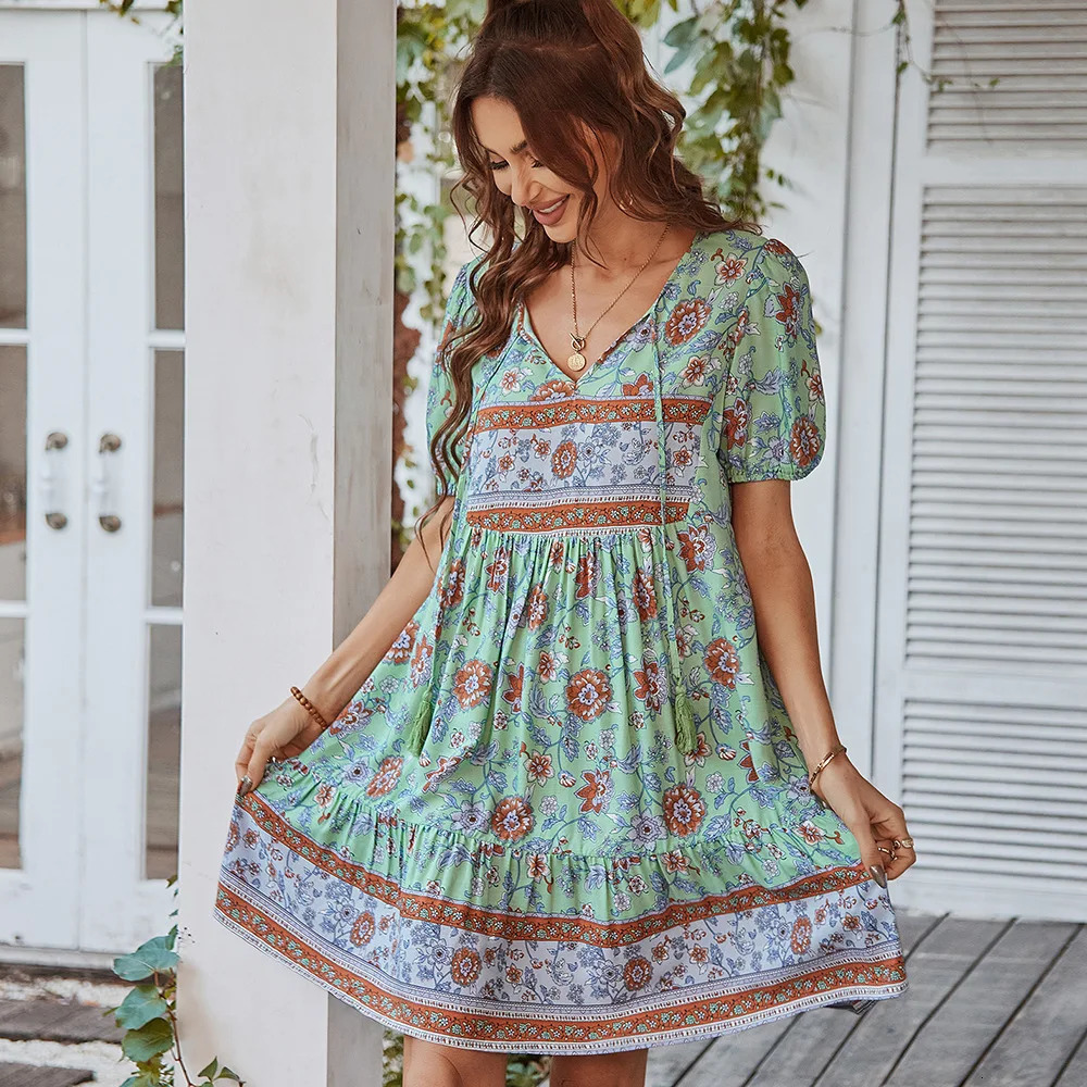 Fashion printed holiday beach short skirt 2025 summer V-neck lace short sleeved dress womens dress casual bohemian womens dress 250103