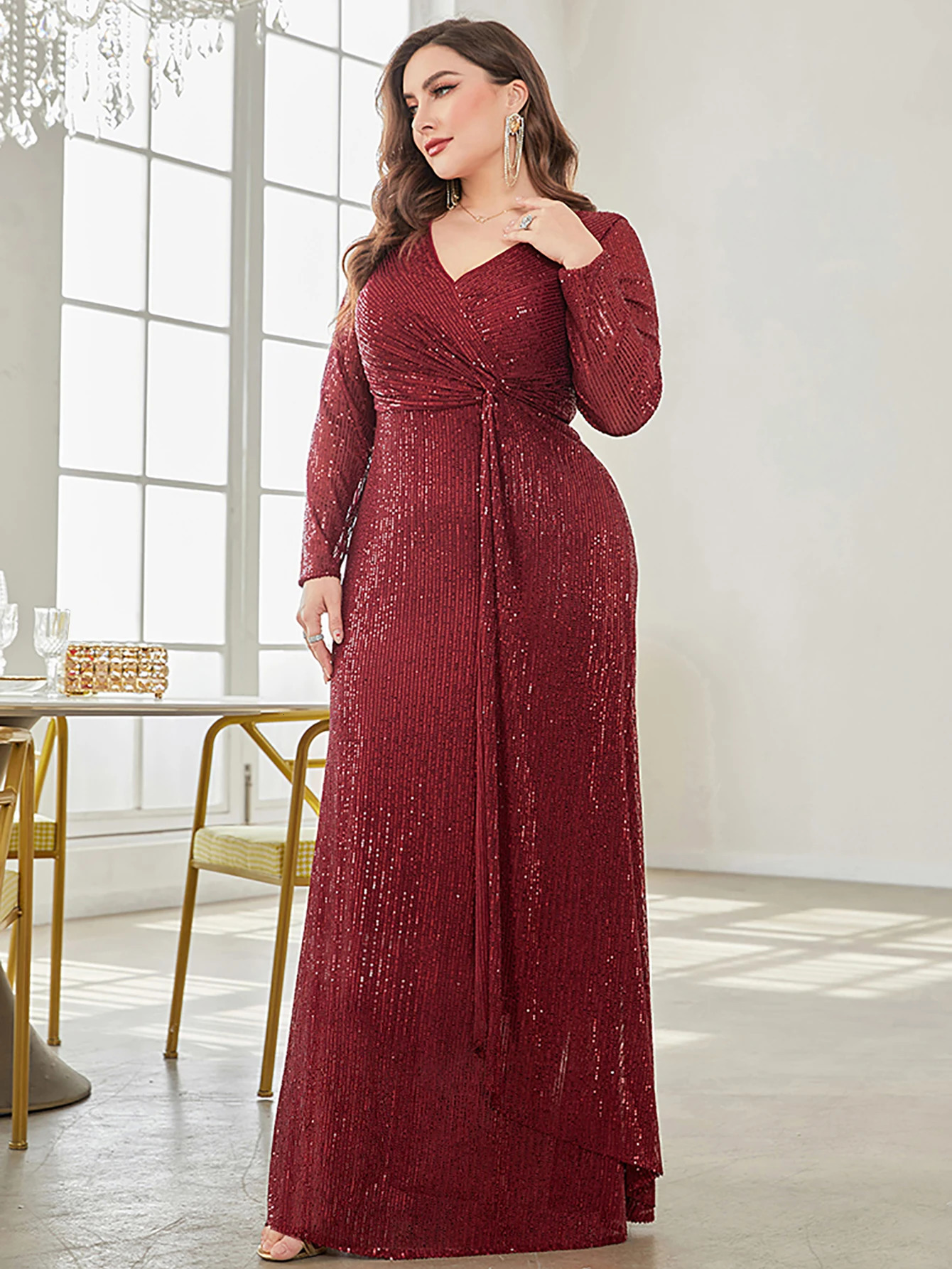 XUIBOLs charming sequined party dress featuring a V-neck and sleeping gown. 250103