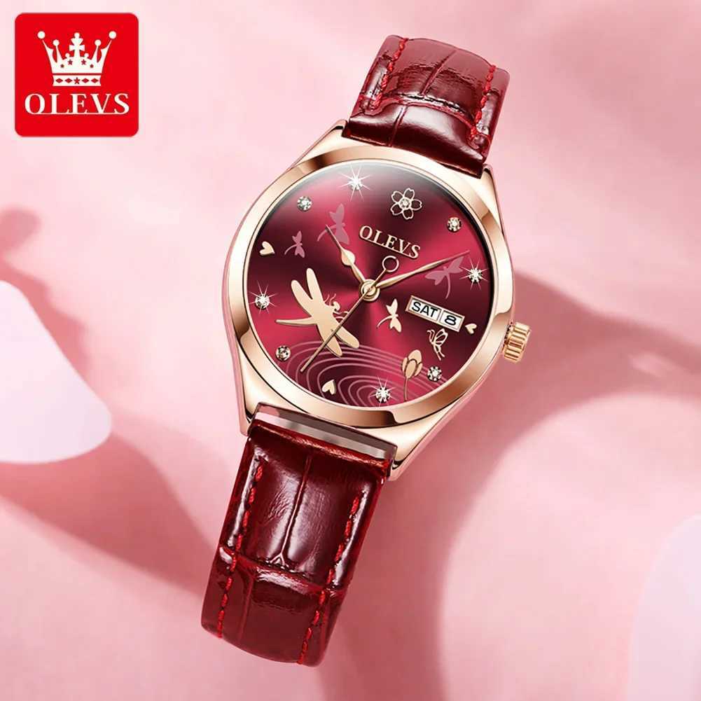 OLEVS Womens Automatic Mechanical Luxury Leather Str Dragonfly Skeleton Dial Fashion Womens Watch Reloj Mujer W250104