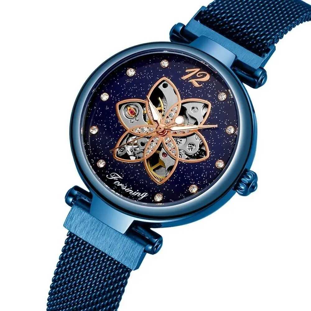 Automatic Womens Diamond Womens Mechanical Wind Blue Steel Strap Wristband W250104
