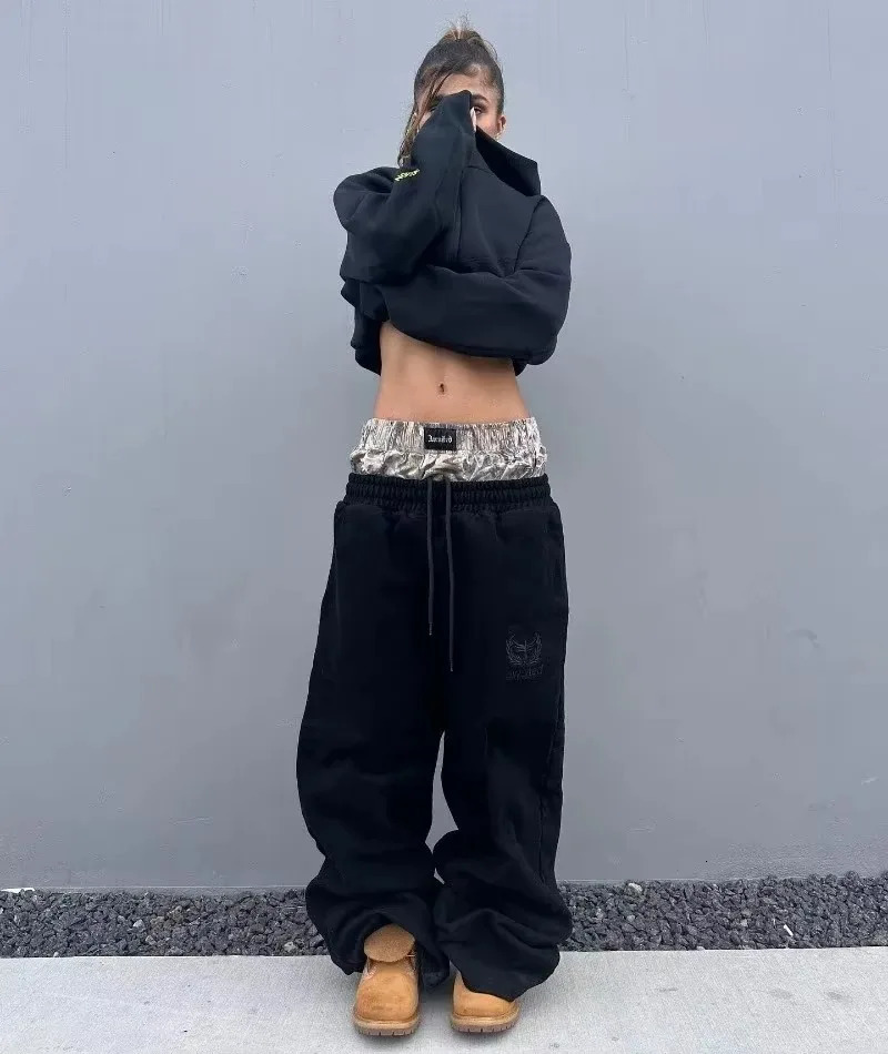 Y2K retro pants embroidered double waist sports pants high-quality Harajuku Gothic hip-hop streetwear high waist wide leg pants 250103