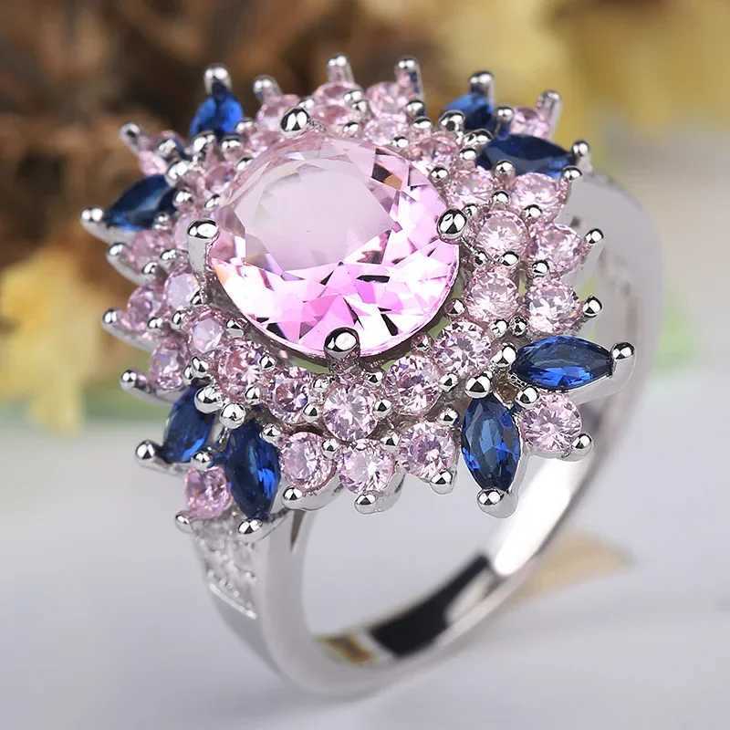 Fasion Real Solid 925 sterling silver ring womens gift AAA multi-color zircon jewelry blue paving flower wedding silver ringXJ250412
