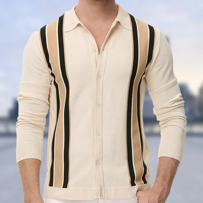 Mens Spring Clothing Business Knitted Polo Shirt Casual Button Long Sleeve Retro Fashion Patch Work Knitted M-3XL 2025 Style 250103