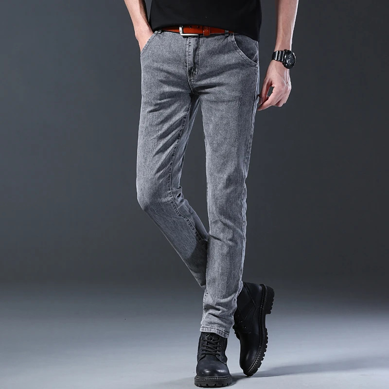 style jeans mens slim fit Korean style comfortable straight leg elastic gray mid waist pants mens casual denim pants 241230