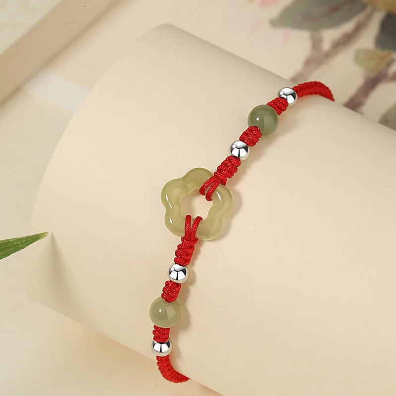 Peach Sterling Silver Hetian Jade Hand Rope Womens China Fashion Flower Bracelet 250102