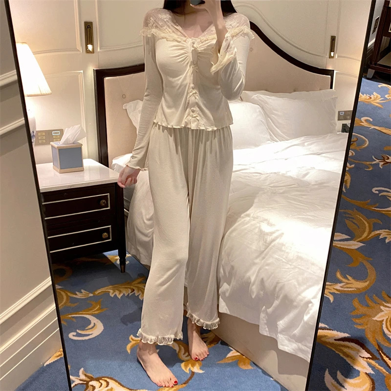 Spring and Autumn Womens Lace Simple Cotton Vneck Sexy Pajamas Warm Winter Long Sleeve Pants Set Home Clothing 250103