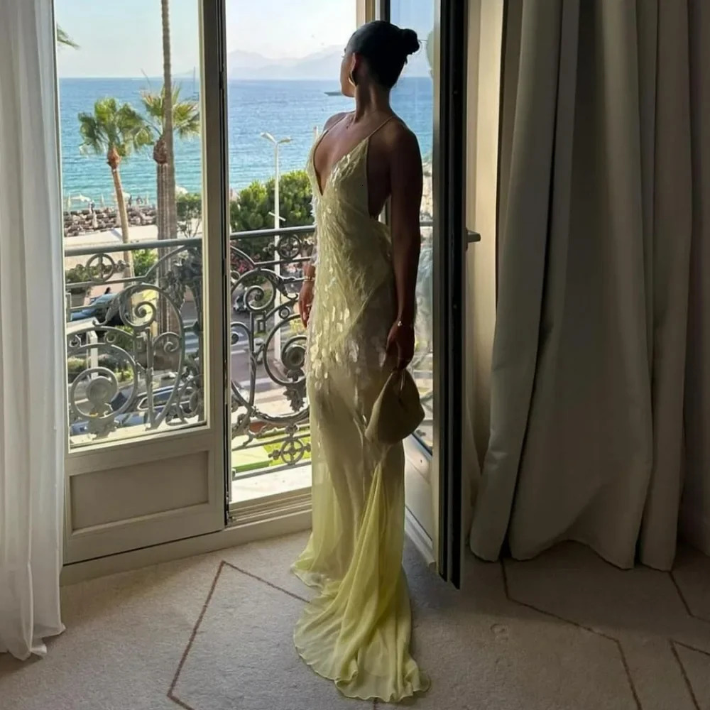 Yellow Sequins Maxi Beach Dress Women Sexy Backless Slim Party Fishtail Dresses Summer Mesh Patchwork Sheer Holiday Dress 250103