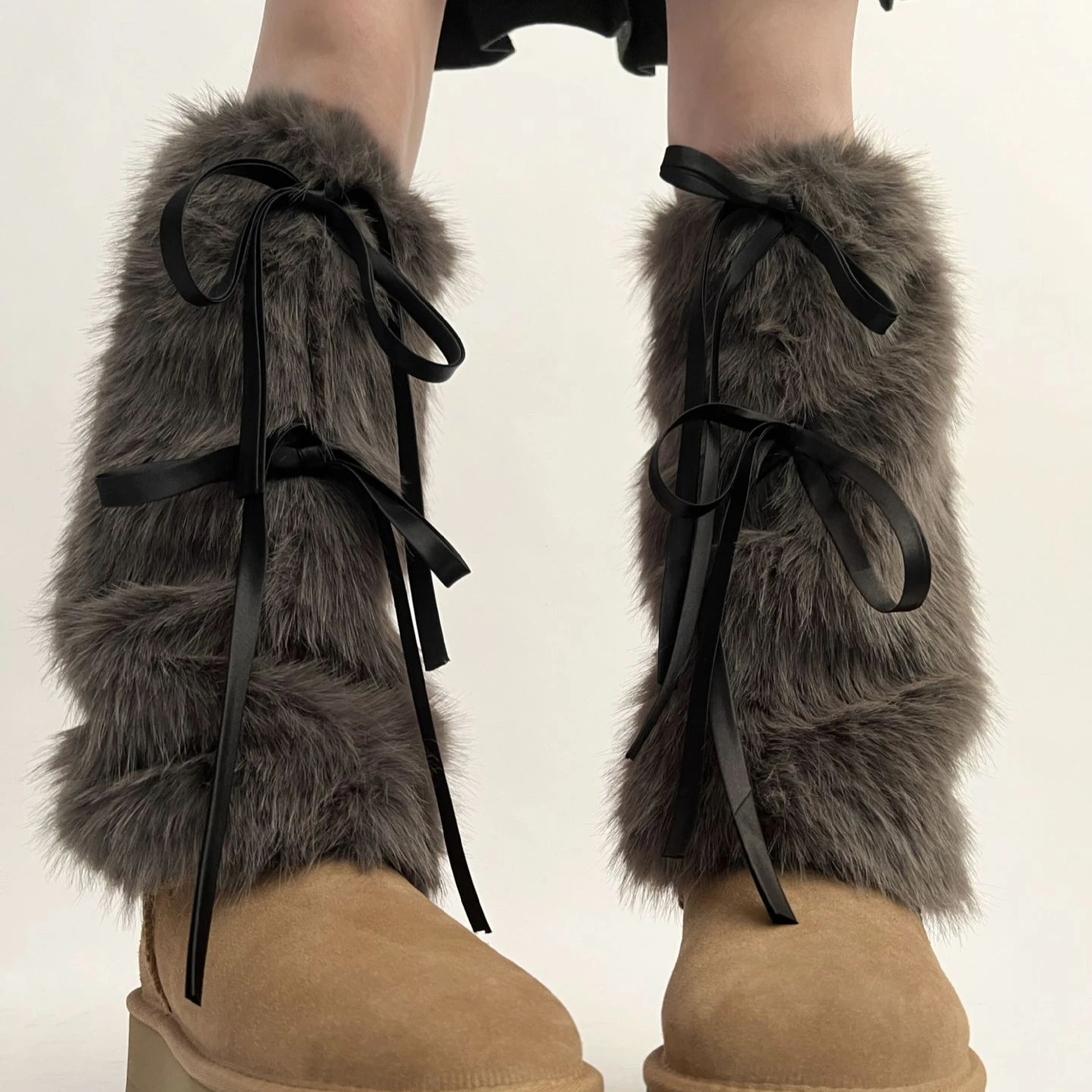 2024 JK Girls Boot Cuffs Leg Warmers Women Winter Warm Harajuku Sweet Ribbon Bowknot Furry Plush White Boot Cover Long Socks 250103