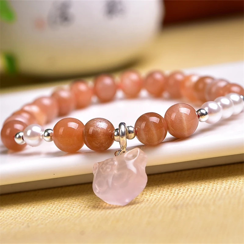 8MM Natural Sunstone Bead Rose Quartz Fox Bracelet Fashion Crystal Quartz Gemstone Jewelry Reiki Healing Gift For Women 1pcs 250102