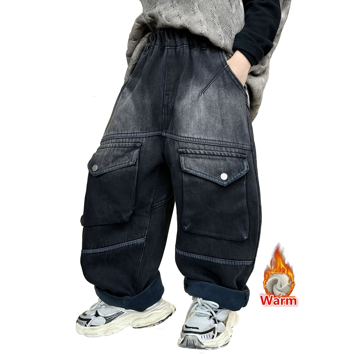 Korean Style Kids Boy Winter Corduroy Baggy Jeans Pants With Pocket Child Loose Style Insulated Denim Trousers For Teenager 4-13 250103