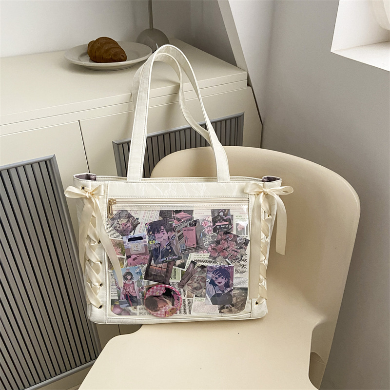 Full Red Chan Same Style Ribbon Pain Women's New Large Capacity Tote JK Bow Transparent Baby Bag